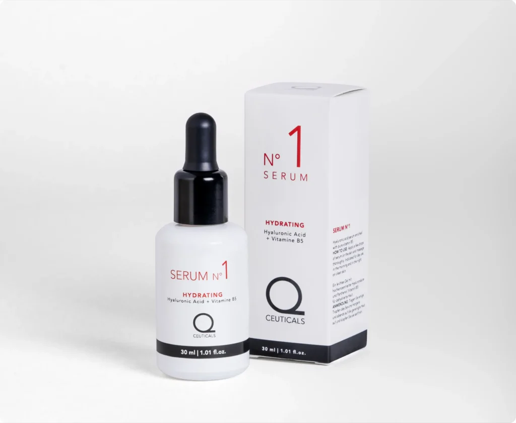 An image of Ceuticals No. 1 Serum highlights its elegant white bottle topped with a black dropper cap, positioned next to its packaging. This essential component of your skincare routine includes Hyaluronic Acid and Vitamin B5 for outstanding hydration, offered in a 30 ml size.