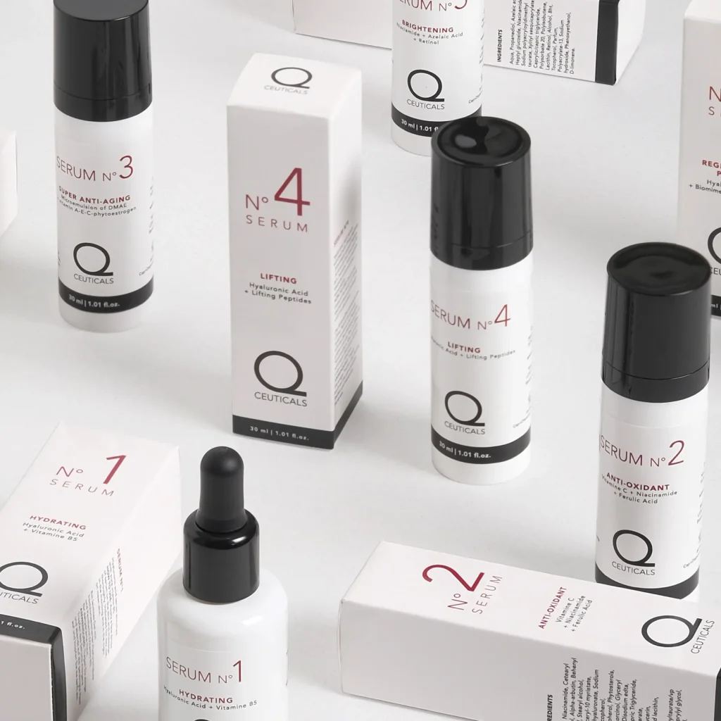 A range of skincare products from the cosmetic brand Q Ceuticals, featuring serums titled 